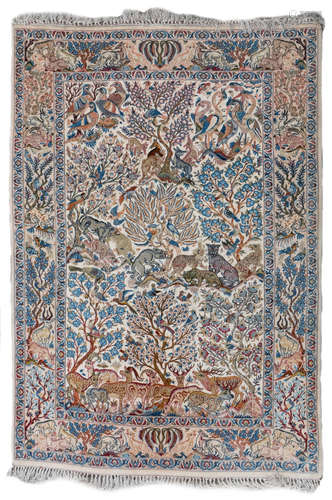 An Oriental rug decorated with animals, Isfahan, wool on cotton, 113 x 158 cm