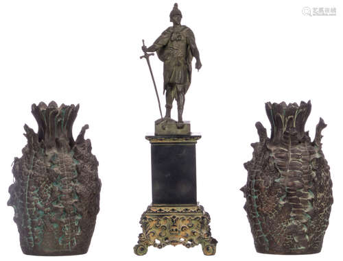 Picault E., 'Honor et Patria', a zamac statue on a Rance marble and zamac base; added two bronze vases, H 24,5 - 41 cm