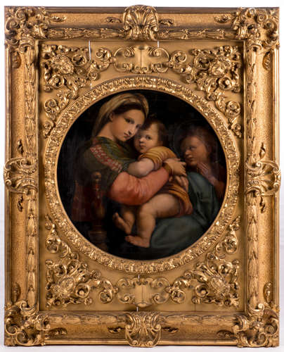 Unsigned, after Raphaël, the so-called 'Madonna della seggiola', oil on canvas, 19thC, in an exceptionally sculpted and gilt frame, 74 x 75 cm