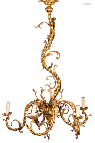 A gilt bronze Rococo style chandelier, H 109 cm