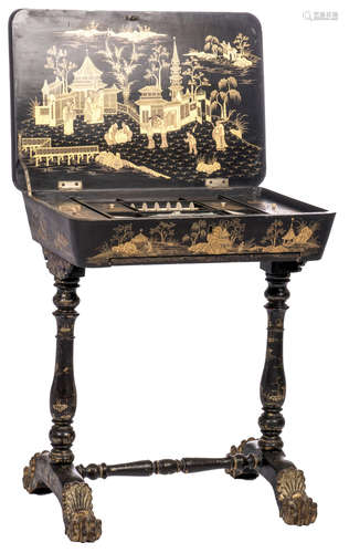 A late 19thC ladies work table, chinoiserie decorated and black lacquered, H 73 - W 63 - D 42 cm