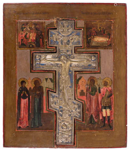 An Eastern European icon depicting the Golgotha and scenes of the Passion of the Christ, inlaid with a bronze enamelled blessing cross, 37,5 x 43 cm - H 37,2 cm (cross)