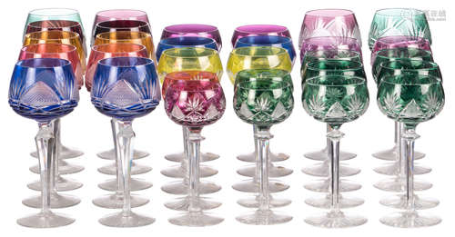 A big set of various coloured cut crystal glasses, VSL and Bohemia, H 20 cm