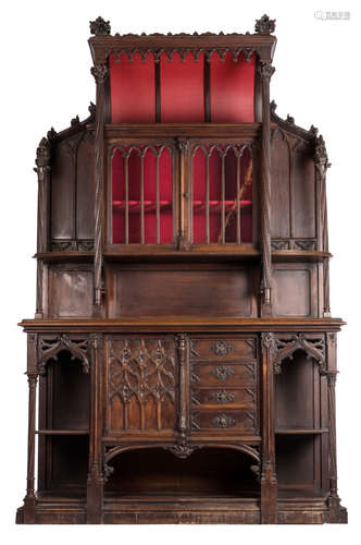 A rare French walnut Gothic Revival cabinet in so-called 'Style Troubadour', about 1900, H 268 - W 171 - D 59 cm