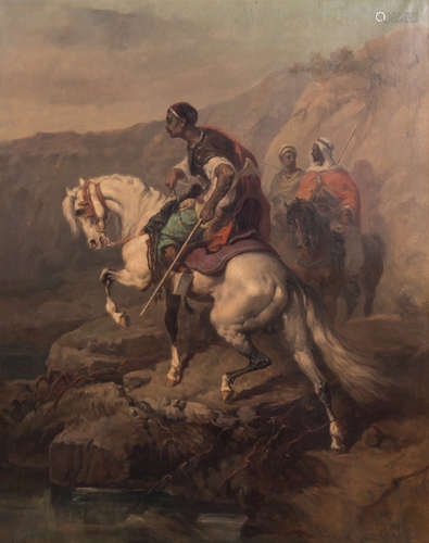 Prangey E., Arab warriors in a mountainous landscape, oil on canvas, 80 x 100 cm