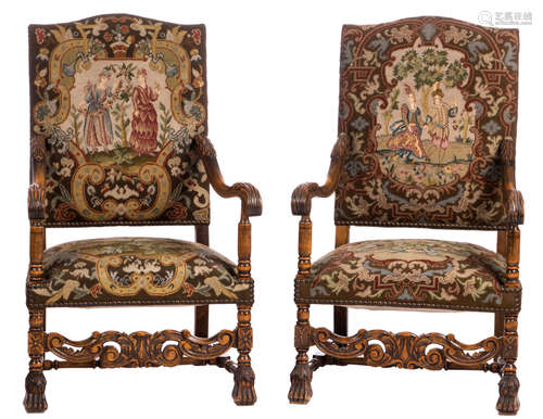 A pair of Charles II style fauteuils, the upholstering with 'gros point' embroidery depicting renaissance scenes, H 111 - W 66 cm