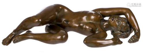 Illegibly signed (Le Nantec), a lying nude, patinated bronze, dated (20)03, nr. 12/45, W 46 cm