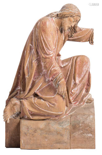 A falling Christ, presumbly a part of a 19thC altar piece, oak, traces of polychromy, H 68 - W 42,5 cm