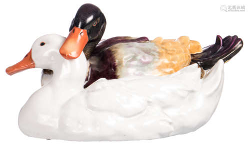 A pair of ducks in polychrome decorated Herend porcelain, marked, H 21 - W 37 cm