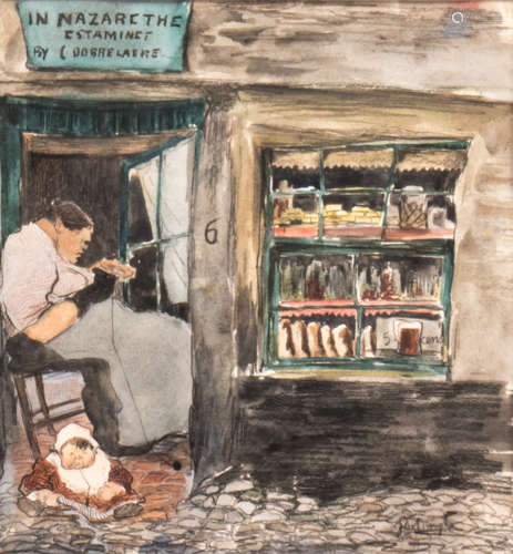 De Bruycker J., 'In Nazarethe - Estaminet - bij C. Dobbelaere', watercolour and black pencil on paper, ex. exhibition J.D.B. Gent - MSK (01/1952), 25 x 27 cm