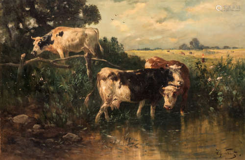 Schouten H., cattle near a drench, oil on canvas, 60 x 90 cm