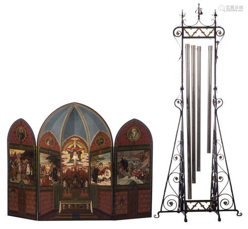 A Gothic Revival wrought iron pentaconic toned gong (not complete), (probably workshop Grossé - Bruges); added Boussery M., a triptych painting illustrating the worldwide preaching of the Catholic faith, oil on panel, H 205 (gong) - 113 x 153 cm (triptych)