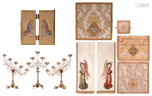 Two tabernacle doors with embroidery inside, 21,5 x 50,5 cm (door); added various other religious embroidery; extra added three Gothic Revival brass candlesticks, H 53 - 56,5 cm