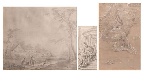 Legillon J., 'Le repos', pencil heightened with white watercolour on tinted paper, dated 1783, 23 x 36,5 cm; added unsigned, a rural view with fishermen, washed ink drawing, 34 x 39,5 cm; extra added unsigned, Hercules, washed ink drawing, 17thC, 10,5 x 23,5 cm