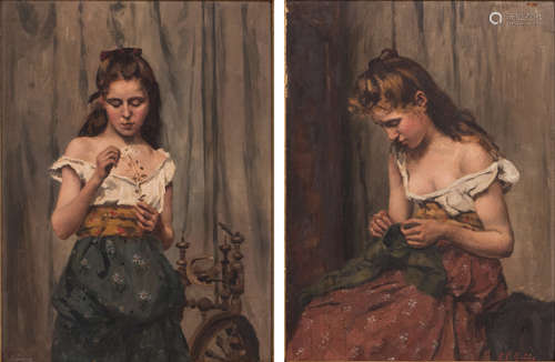 Gutner L.P., sisters at work, a double portrait, oil on canvas, 36 x 49 cm