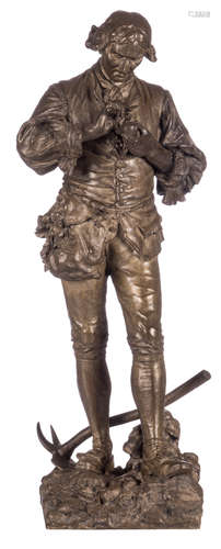 Gaudez A.E., a countryman, patinated bronze, on a Brèche d'Alep marble base, H 68,5 (without base) - 85 cm (with base)