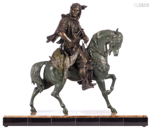 Bargs, an Arab horseman, patinated and polychromed zamac, on an onyx and Rance marble base, signed on the base, H 62 (with base) - W 73 - D 22,5 cm