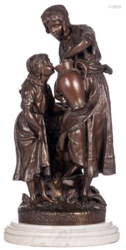 Carlier, à la fontaine (the source), patinated bronze on a white marble base , H 69,5 (without base) - 76 cm (with base)