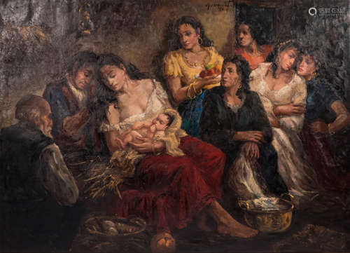 Gevaerts, a religious inspired birth scene, oil on canvas, illegibly dated, 145 x 200 cm