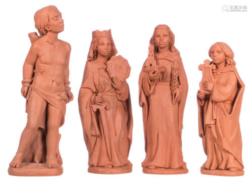 Fonteyne E., four sculptures depicting Saints (St. Catherine, St. Cecilia, St. Barbara, St. Sebastian), terracotta, H 32 - 39 cm