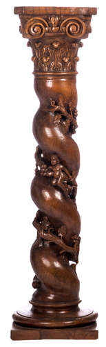 An oak soccle shaped as a generously sculpted baroque column, H 134 - W 33,5 - D 33,5 cm