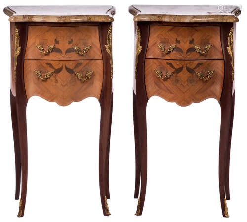 Two chiffonières in Rococo style with marquetry and bronze mounts, with jaune fleuri marble, H 76 - W 45 cm