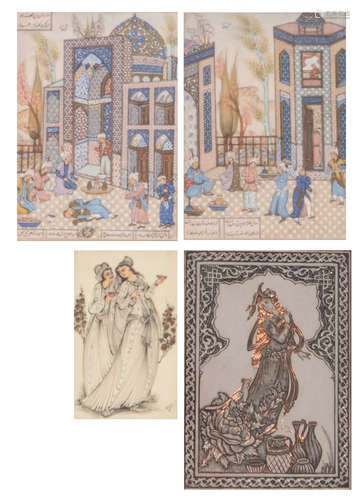 Two larger Persian miniature paintings on ivory, 14,5 x 20,5 cm; added a smaller ditto miniature, 9,2 x 14,4 cm; extra added a tin plate plaque of the same origin, 14,2 x 20 cm