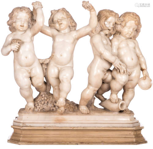 Unsigned, a group of young bacchants, white Carrara marble on a wooden base, 19thC, H 68,5 (without base) - 78 (with base) - W 83,5 cm