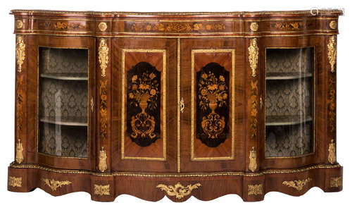 A Historism rosewood veneered cabinet with marquetry and bronze mounts, H 110 - W 201 - D 50 cm