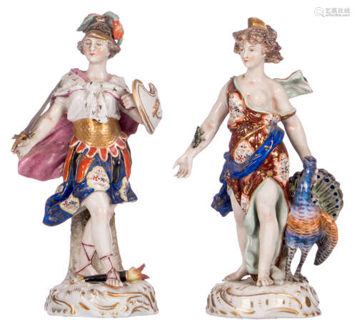 A pair of polychrome decorated Saxon porcelain mythological figures, both marked, 19thC, H 18 cm