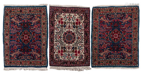 Three Oriental carpets with floral motifs, Sarough, wool on cotton, 67 x 94, 72 x 98 and 75 x 94 cm