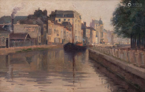 (Claus E.), a view on a canal in (Ghent), oil on canvas, 32,5 x 50 cm (with accompanying documentation: ex-collection Dr. Linder No. 37, Auktionshaus Kaupp GmbH December 2004, Christie’s June 2005)