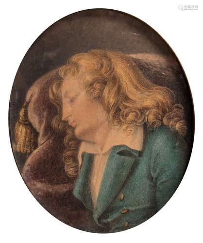 Illegibly signed, the young Werther, mid 19thC miniature, H 9,5 - 14,8 x 16,5 cm (with frame) 