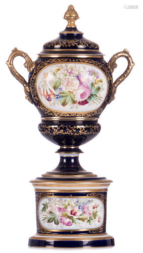 A bleu royal ground vase on a matching base, decorated with an antique profile portrait on one side, the other side a roundel with polychrome floral decoration, H 70 cm