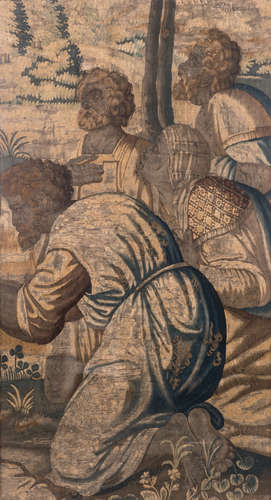 A fragment of a Flemish early 17thC tapestry, presumably the adoration of the Magi, 88 x 162 cm