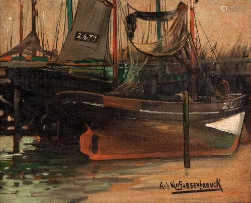 Van Sassenbrouck A., a view on the Zeebrugge slipway, oil on panel, 37 x 46 cm