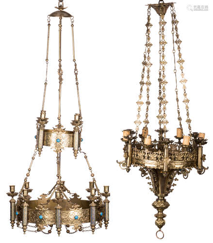 Two brass Gothic Revival chandeliers, H 107 - 125 cm