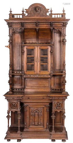 An oak Renaissance style cabinet, late 19thC, possibly French, H 292 - W 138 - D 64 cm