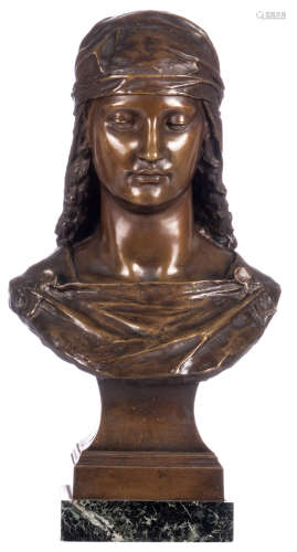 Blanchard J., a bust of a girl, dated 1876, with a vert de mer marble base, H 52,5 cm