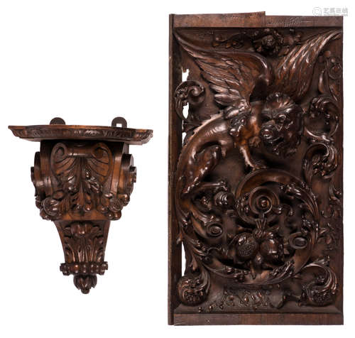 A rare sculpted Renaissance Revival walnut grotesque, second half of the 19thC, 41 x 71 cm; added a walnut wall console in Renaissance style, H 40 - B 30,5 - D 22,5 cm