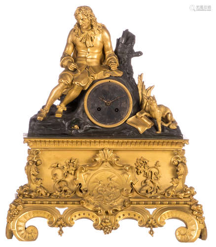 A second half of the 19thC gilt and patinated bronze mantle clock, depicting on top the famous French writer La Fontaine surrounded by his characters, H 47,5 cm