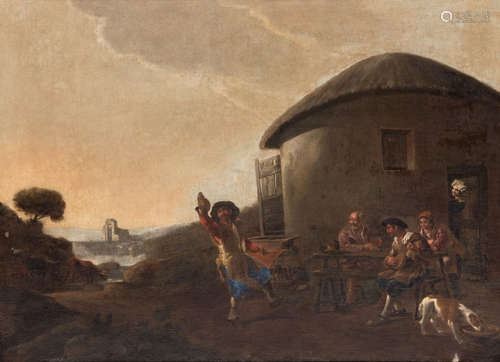 Attributed to Miel J., a jolly company in a Mediterranean landscape, oil on canvas, 18thC, 49 x 66,5 cm