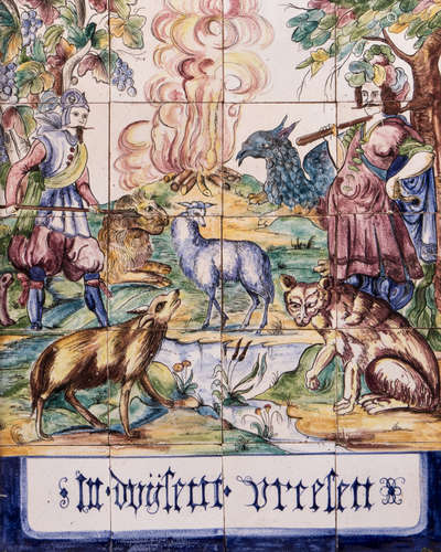 A tile panel consisting of 20 polychrome decorated tiles, 'In duijsent vreesen', 50 x 63 cm