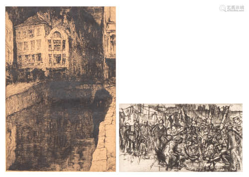 Brangwyn F., untitled, etching, 13,2 x 23,6 cm; added De Bruycker J., 'Pont du Laitage Gand', etching, dated 1919, 21,4 x 31,6 cm