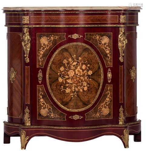 A Historism mahogany veneered cabinet with marquetry and a green onyx marble top, H 98 - W 103 - D 32 cm