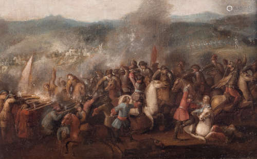 Unsigned, a battle scene, oil on canvas, 17thC, 27 x 44 cm