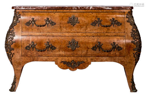 A French régence style commode, burl veneered, bronze mounts and a rouge royal marble top, H 93 - W 143 - D 55 cm