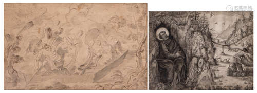 Illegibly signed and dated, Holy Hermit in an animated landscape, ink on paper, 18thC, 22,5 x 30 cm; added, late 17thC unsigned drawing showing the adoration of the angels, bister and ink, 24,5 x 30 cm