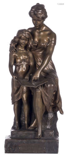 Lamonaca, 'Education Maternelle', patinated bronze, 19thC, H 47 cm