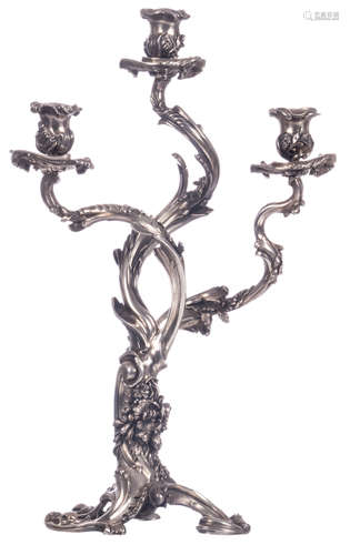 A Rococo style French export silver candelabra, silver purity 950/000, makers' mark 'Alphonse Debain', H 47 cm - Weight: 2990g